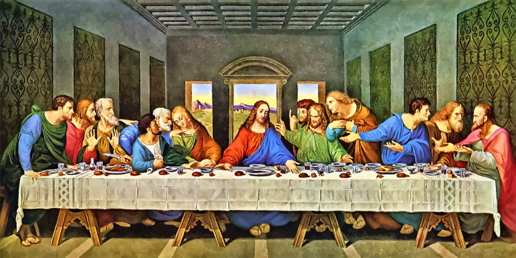 Gemälde "Das letzte Abendmahl" von Leonardo Da Vinci: Ein Langer Tisch mit Speisen. Hinter dem Tisch in der Mitte sitzt Jesus mit je sechs Jüngern links und rechts neben ihm. 