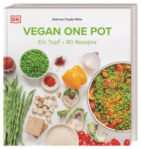 Cover des Buches "Vegan One Pot". Oben links ist das Verlagslogo von Dorling Kindersley zu sehen, daneben mittig der Name der Autorin. Mittig im oberen Drittel steht in grün der Titel sowie kleiner darunter "Ein Topf. 80 Rezepte". Darunter sieht man Eine Vegane Paella und die Zutaten dafür
